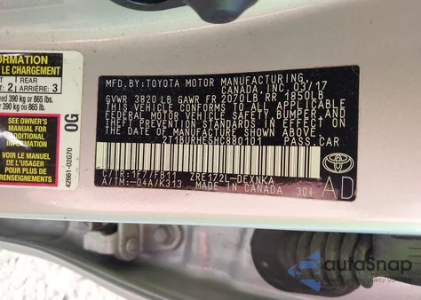 2017 Toyota Corolla Le из США, поврежденный, VIN 2T1BURHE5HC880101